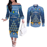 Personalised Jewish Hanukkah Xmas Couples Matching Off The Shoulder Long Sleeve Dress and Long Sleeve Button Shirt Merry Chrismukkah