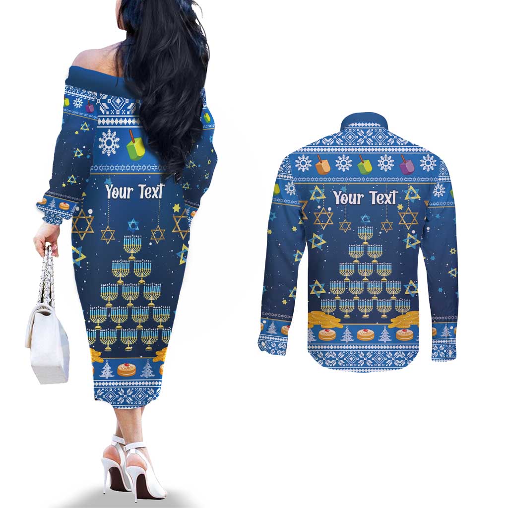 Personalised Jewish Hanukkah Xmas Couples Matching Off The Shoulder Long Sleeve Dress and Long Sleeve Button Shirt Merry Chrismukkah