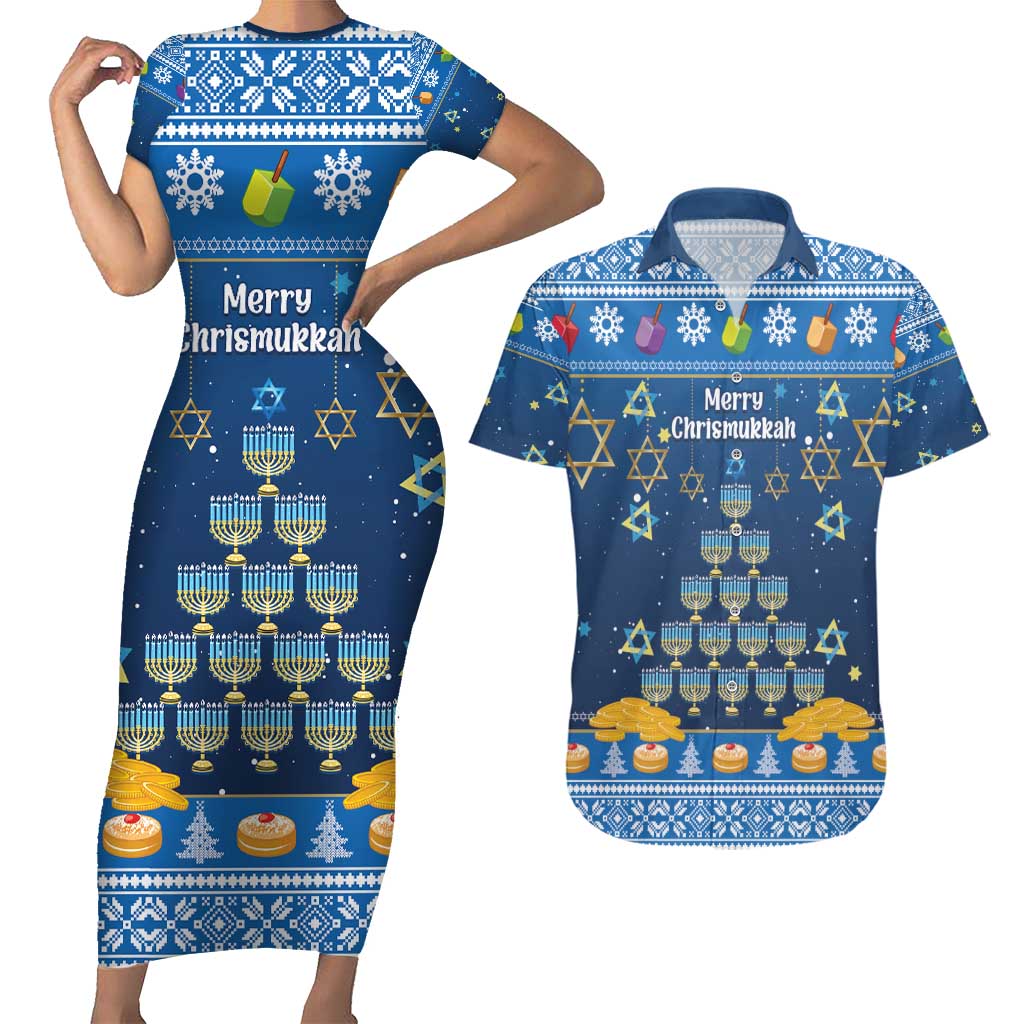 Personalised Jewish Hanukkah Xmas Couples Matching Short Sleeve Bodycon Dress and Hawaiian Shirt Merry Chrismukkah - Wonder Print Shop