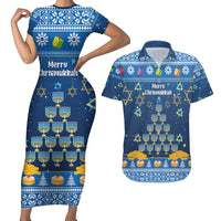 Personalised Jewish Hanukkah Xmas Couples Matching Short Sleeve Bodycon Dress and Hawaiian Shirt Merry Chrismukkah - Wonder Print Shop