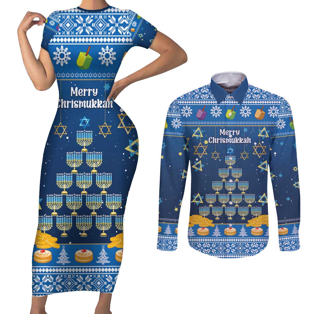 Personalised Jewish Hanukkah Xmas Couples Matching Short Sleeve Bodycon Dress and Long Sleeve Button Shirt Merry Chrismukkah - Wonder Print Shop