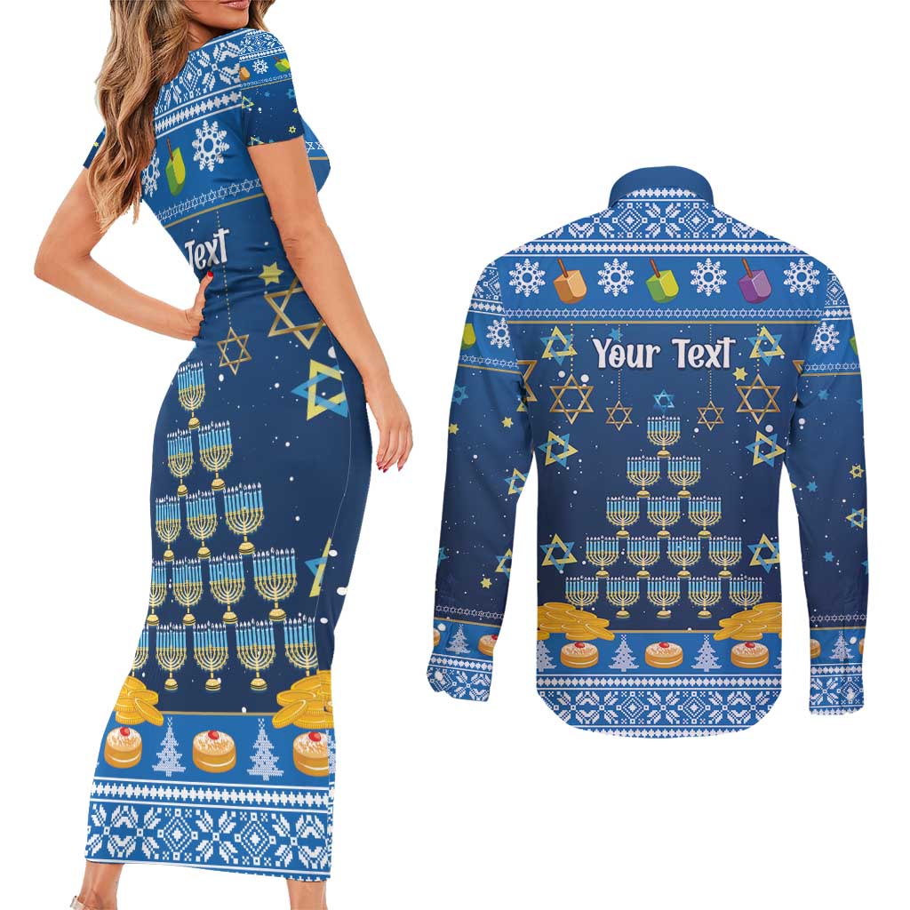 Personalised Jewish Hanukkah Xmas Couples Matching Short Sleeve Bodycon Dress and Long Sleeve Button Shirt Merry Chrismukkah - Wonder Print Shop