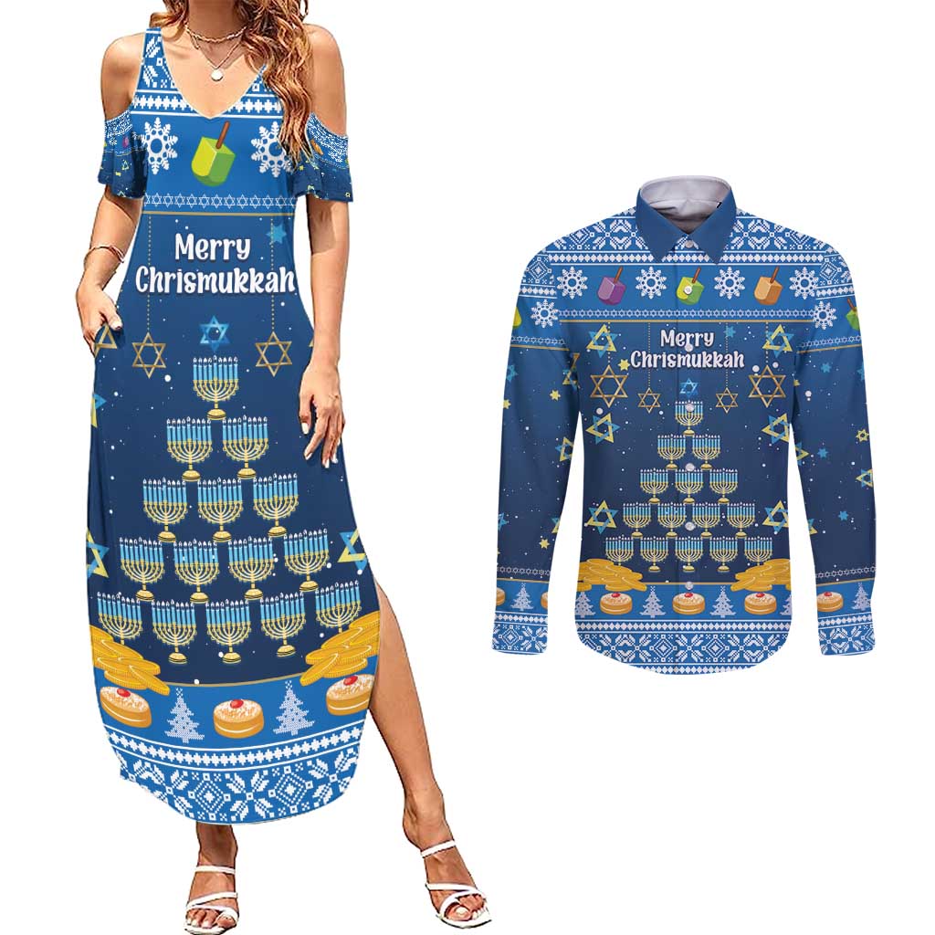 Personalised Jewish Hanukkah Xmas Couples Matching Summer Maxi Dress and Long Sleeve Button Shirt Merry Chrismukkah - Wonder Print Shop