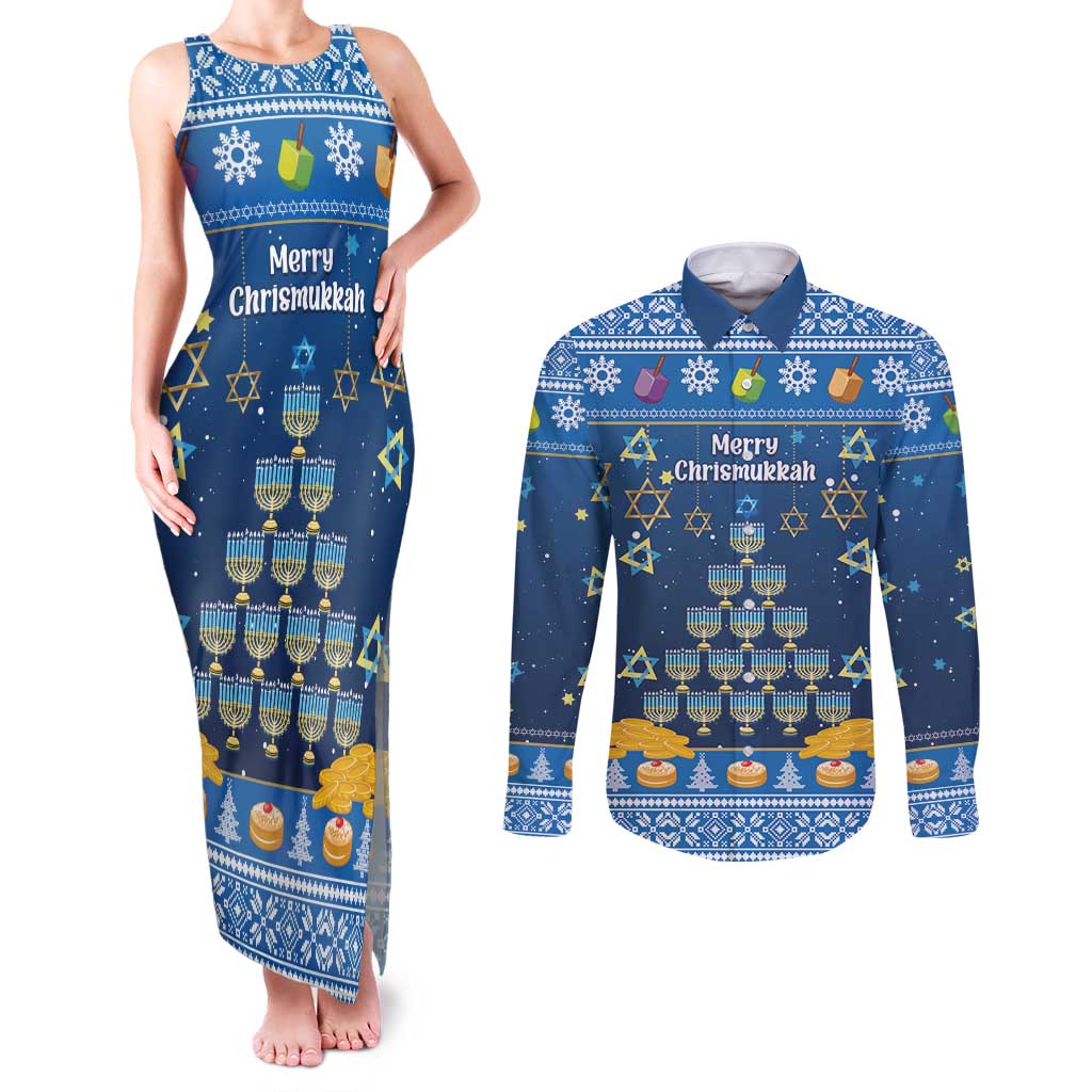 Personalised Jewish Hanukkah Xmas Couples Matching Tank Maxi Dress and Long Sleeve Button Shirt Merry Chrismukkah - Wonder Print Shop