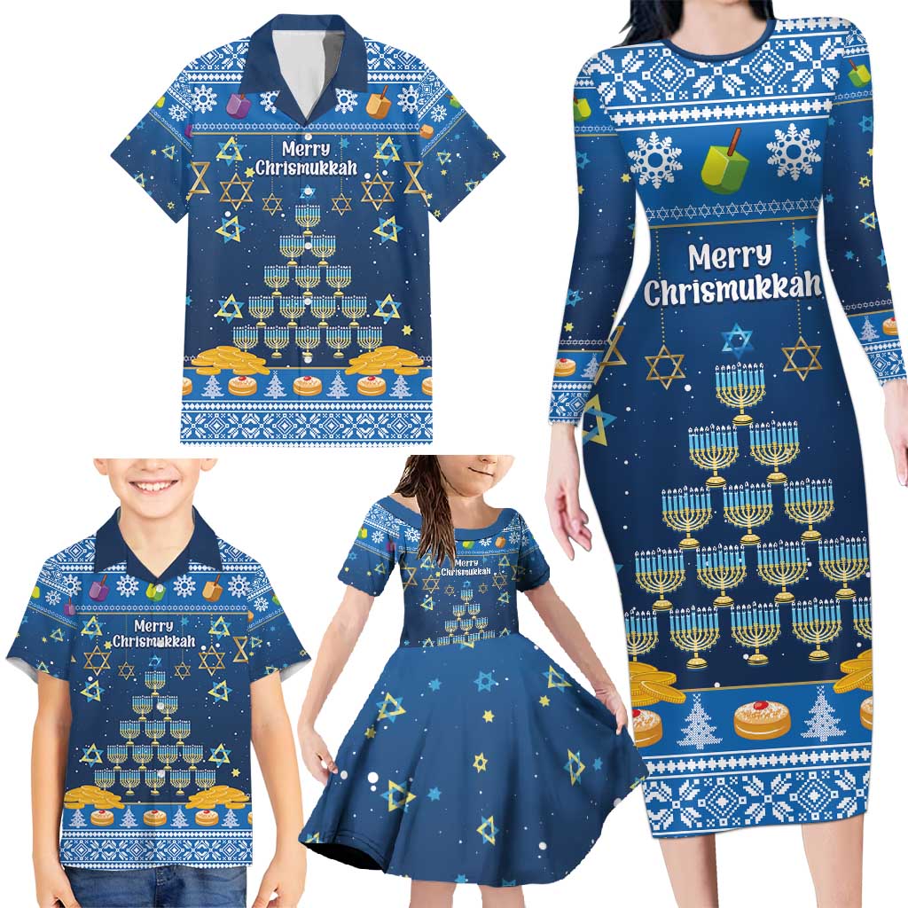 Personalised Jewish Hanukkah Xmas Family Matching Long Sleeve Bodycon Dress and Hawaiian Shirt Merry Chrismukkah - Wonder Print Shop