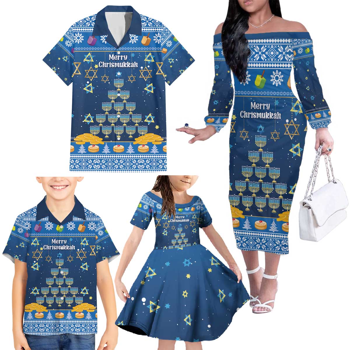 Personalised Jewish Hanukkah Xmas Family Matching Off The Shoulder Long Sleeve Dress and Hawaiian Shirt Merry Chrismukkah - Wonder Print Shop