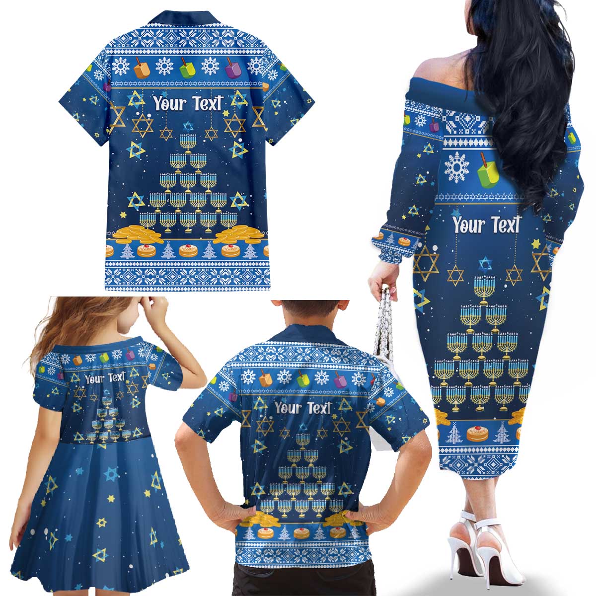 Personalised Jewish Hanukkah Xmas Family Matching Off The Shoulder Long Sleeve Dress and Hawaiian Shirt Merry Chrismukkah - Wonder Print Shop