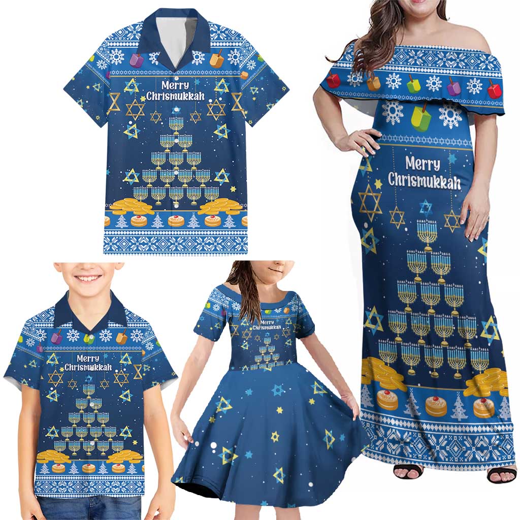 Personalised Jewish Hanukkah Xmas Family Matching Off Shoulder Maxi Dress and Hawaiian Shirt Merry Chrismukkah - Wonder Print Shop