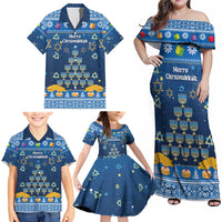 Personalised Jewish Hanukkah Xmas Family Matching Off Shoulder Maxi Dress and Hawaiian Shirt Merry Chrismukkah - Wonder Print Shop