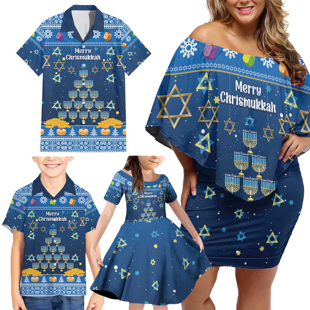 Personalised Jewish Hanukkah Xmas Family Matching Off Shoulder Short Dress and Hawaiian Shirt Merry Chrismukkah - Wonder Print Shop