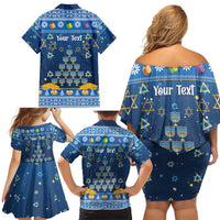 Personalised Jewish Hanukkah Xmas Family Matching Off Shoulder Short Dress and Hawaiian Shirt Merry Chrismukkah - Wonder Print Shop