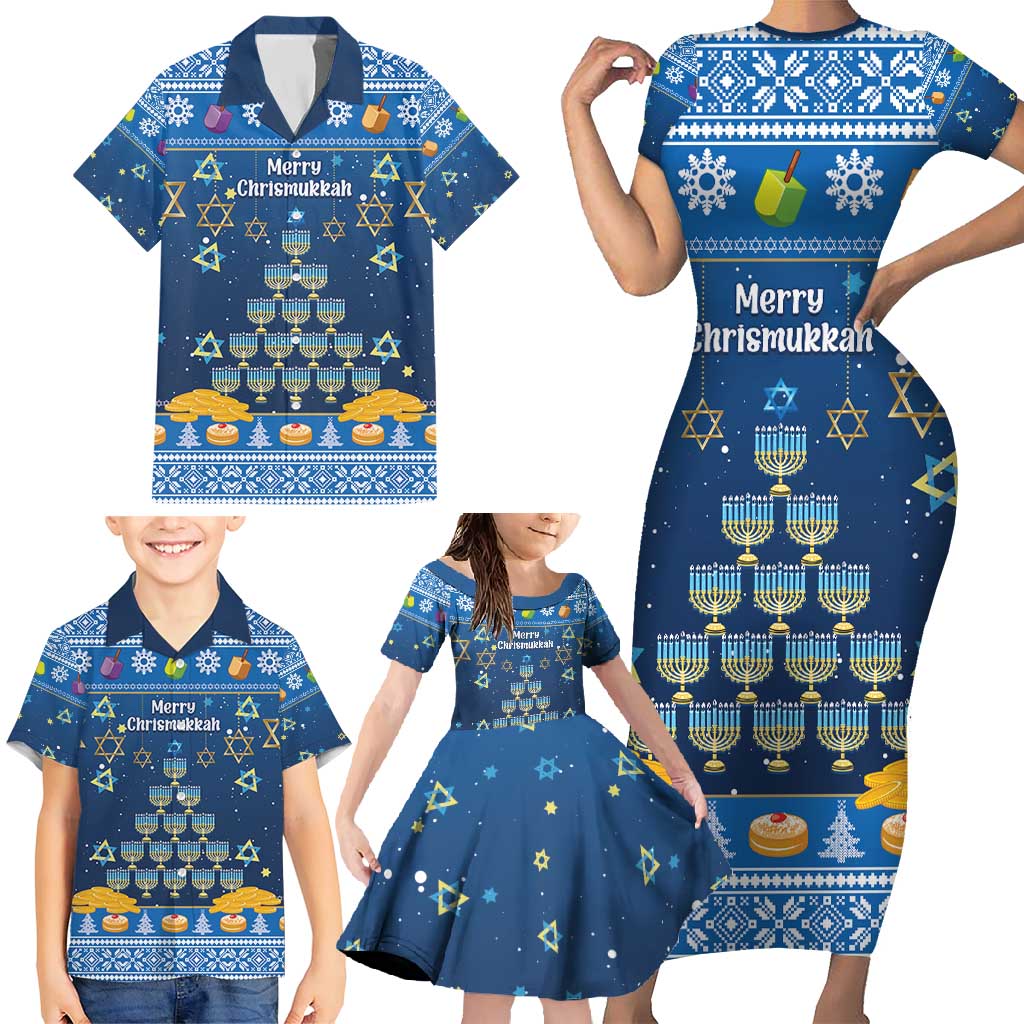 Personalised Jewish Hanukkah Xmas Family Matching Short Sleeve Bodycon Dress and Hawaiian Shirt Merry Chrismukkah - Wonder Print Shop
