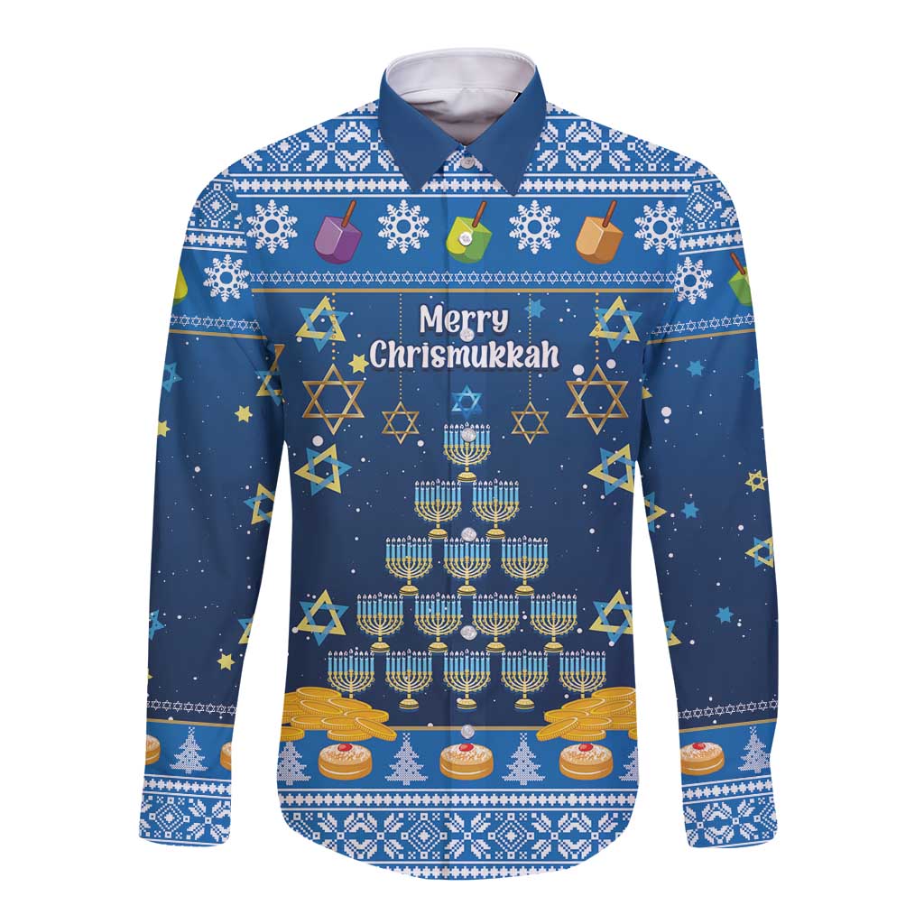 Personalised Jewish Hanukkah Xmas Long Sleeve Button Shirt Merry Chrismukkah - Wonder Print Shop
