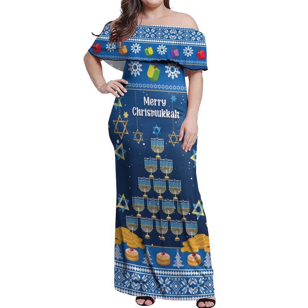 Personalised Jewish Hanukkah Xmas Off Shoulder Maxi Dress Merry Chrismukkah - Wonder Print Shop