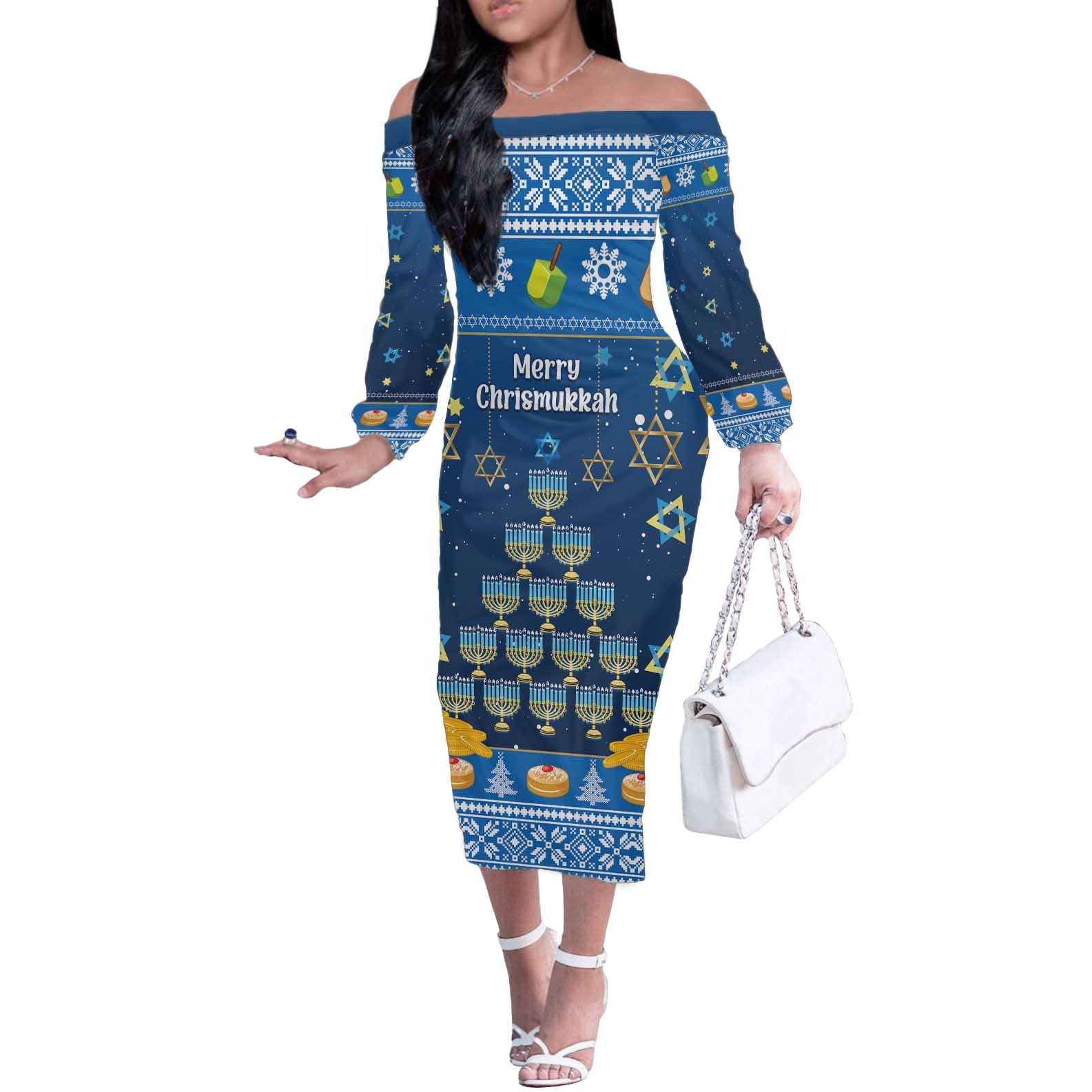 Personalised Jewish Hanukkah Xmas Off The Shoulder Long Sleeve Dress Merry Chrismukkah - Wonder Print Shop