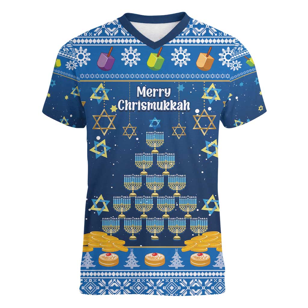Personalised Jewish Hanukkah Xmas Women V-Neck T-Shirt Merry Chrismukkah - Wonder Print Shop