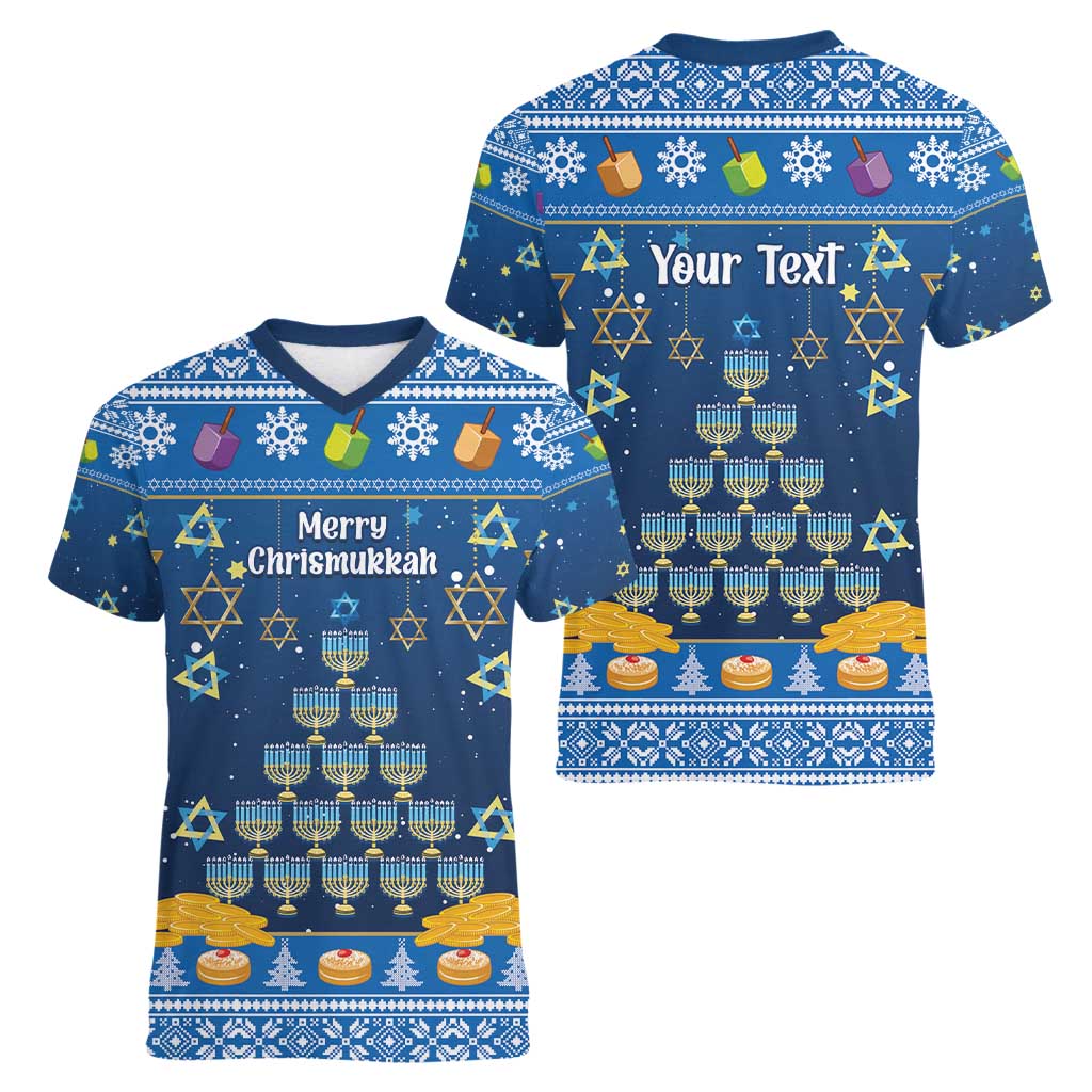 Personalised Jewish Hanukkah Xmas Women V-Neck T-Shirt Merry Chrismukkah - Wonder Print Shop