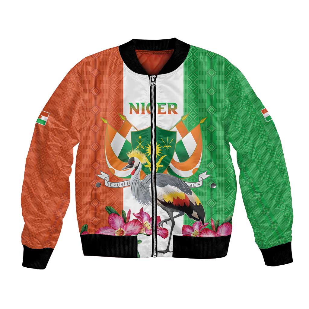 Niger Black-Crowned Crane Bomber Jacket Coat Of Arms - Kente Pattern - Wonder Print Shop