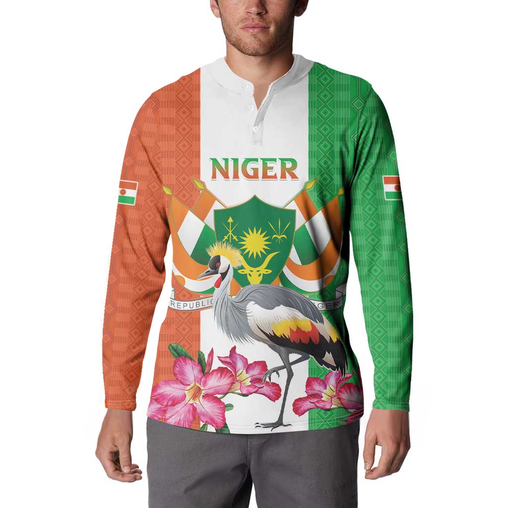 Niger Black-Crowned Crane Button Sweatshirt Coat Of Arms - Kente Pattern - Wonder Print Shop