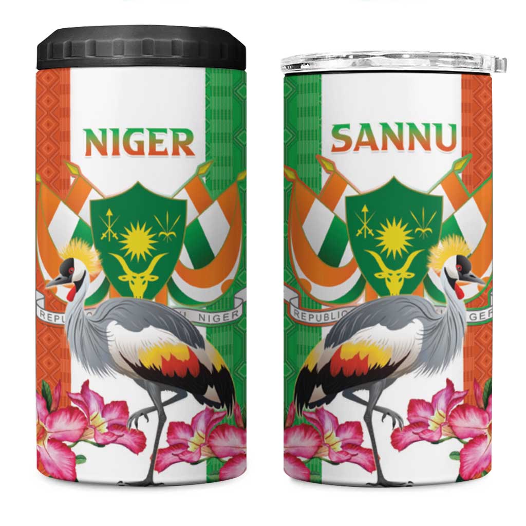 Niger Black-Crowned Crane 4 in 1 Can Cooler Tumbler Coat Of Arms - Kente Pattern - Wonder Print Shop