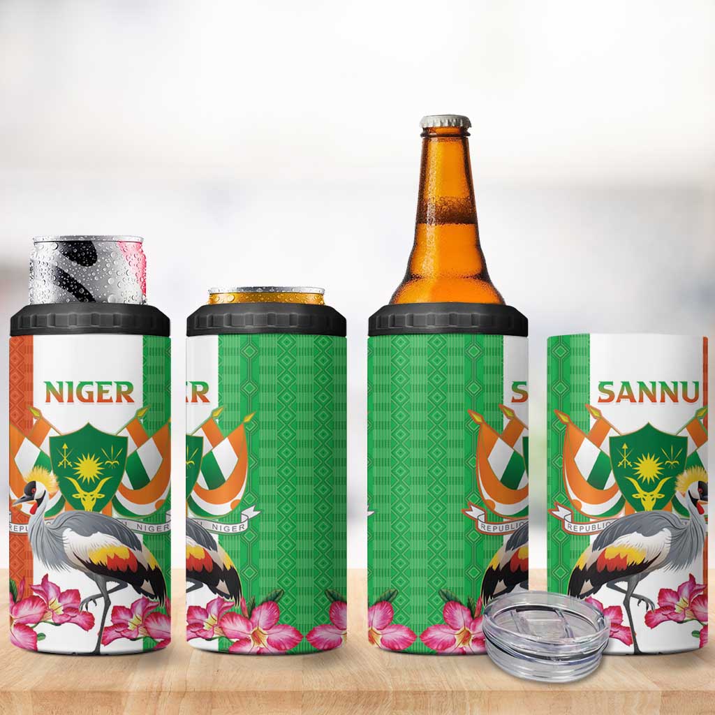 Niger Black-Crowned Crane 4 in 1 Can Cooler Tumbler Coat Of Arms - Kente Pattern - Wonder Print Shop