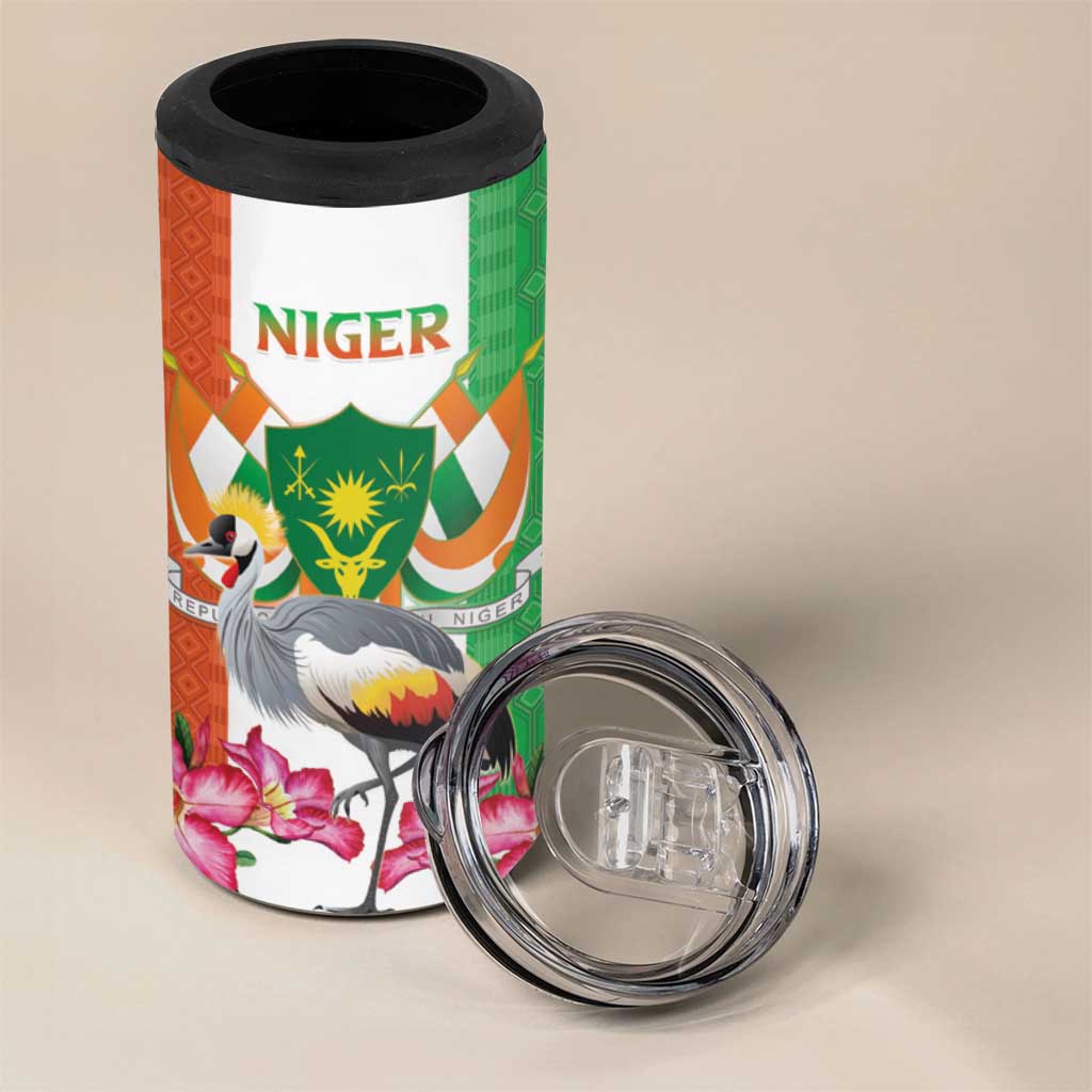 Niger Black-Crowned Crane 4 in 1 Can Cooler Tumbler Coat Of Arms - Kente Pattern - Wonder Print Shop