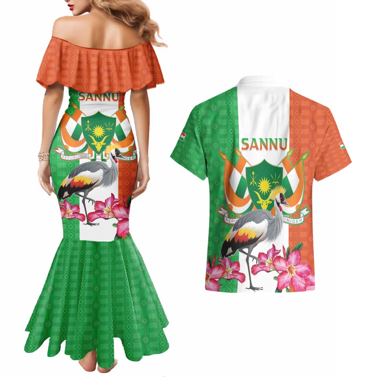 Niger Black-Crowned Crane Couples Matching Mermaid Dress and Hawaiian Shirt Coat Of Arms - Kente Pattern - Wonder Print Shop