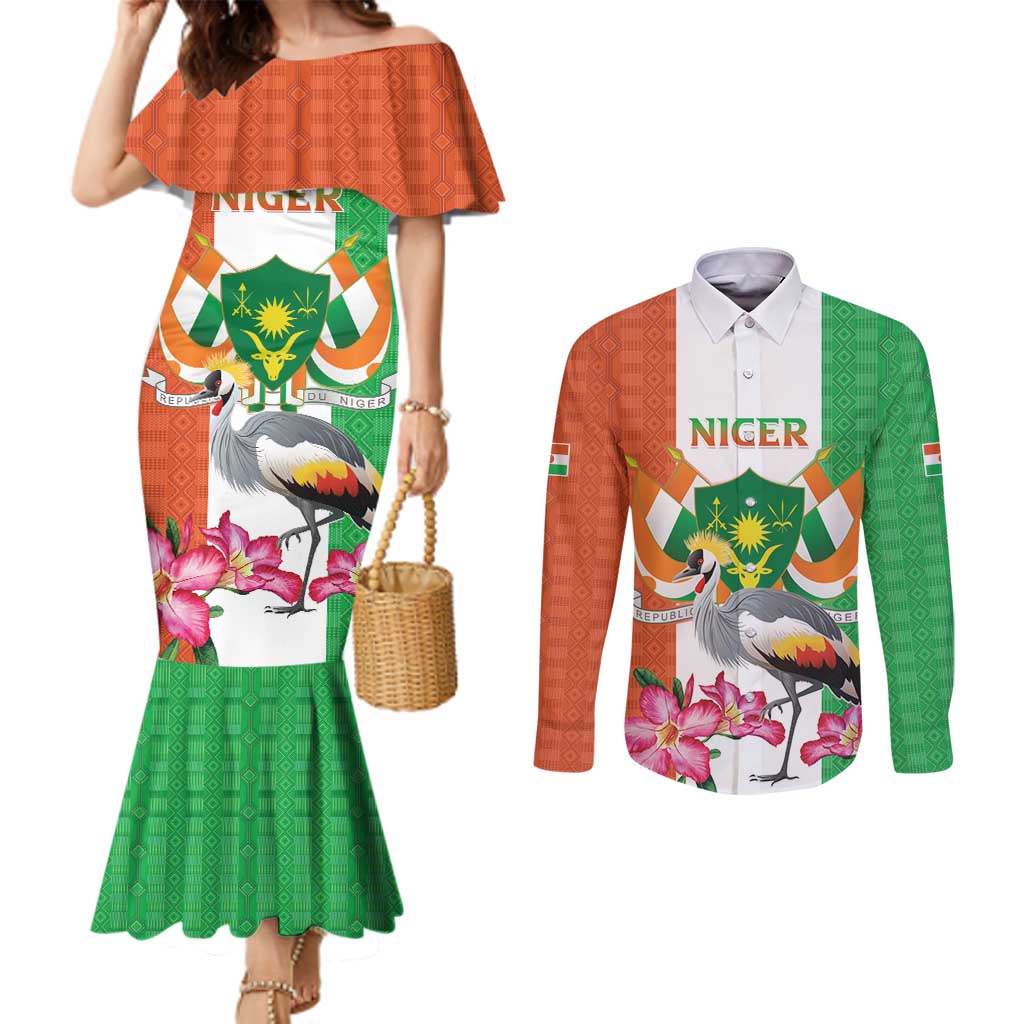 Niger Black-Crowned Crane Couples Matching Mermaid Dress and Long Sleeve Button Shirt Coat Of Arms - Kente Pattern