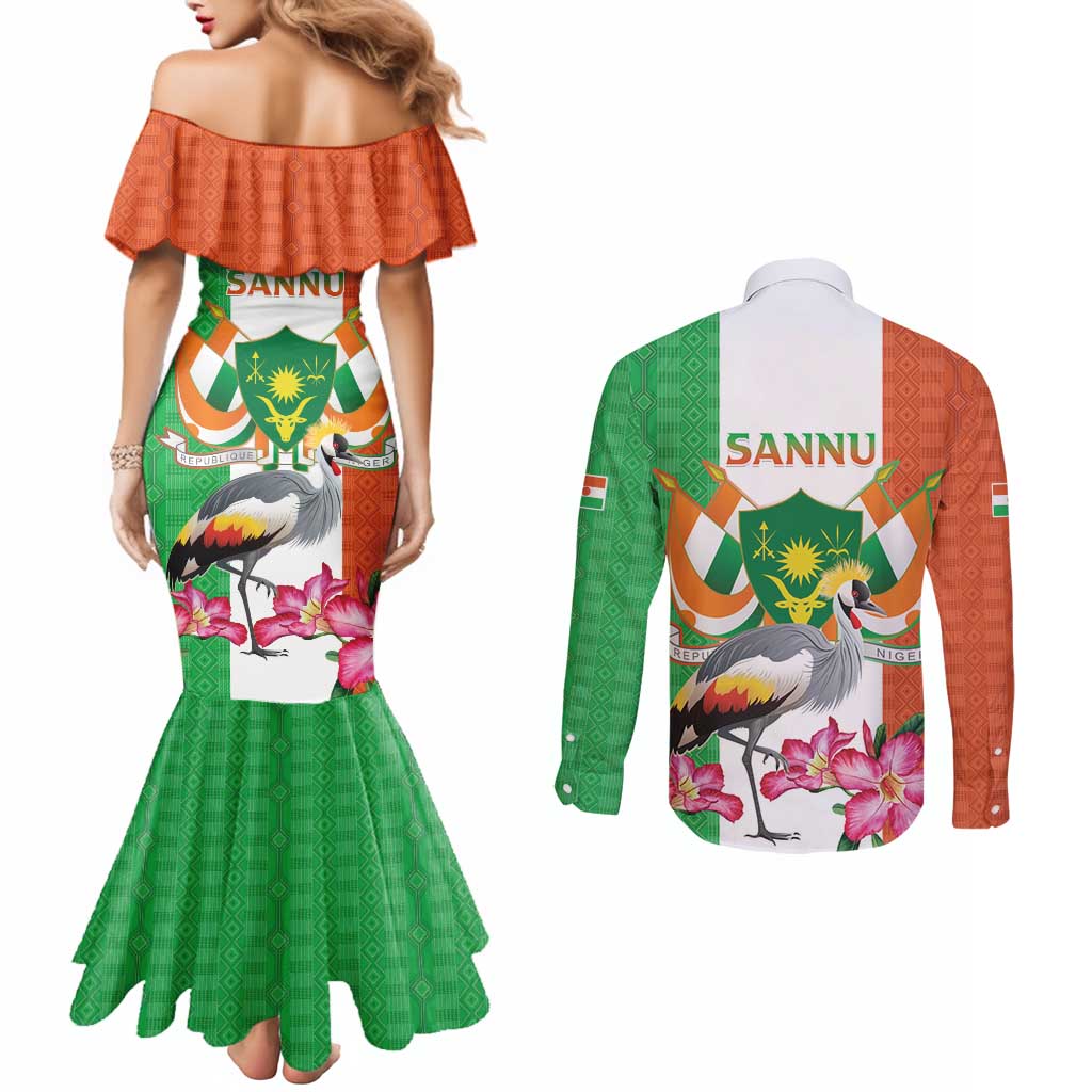 Niger Black-Crowned Crane Couples Matching Mermaid Dress and Long Sleeve Button Shirt Coat Of Arms - Kente Pattern