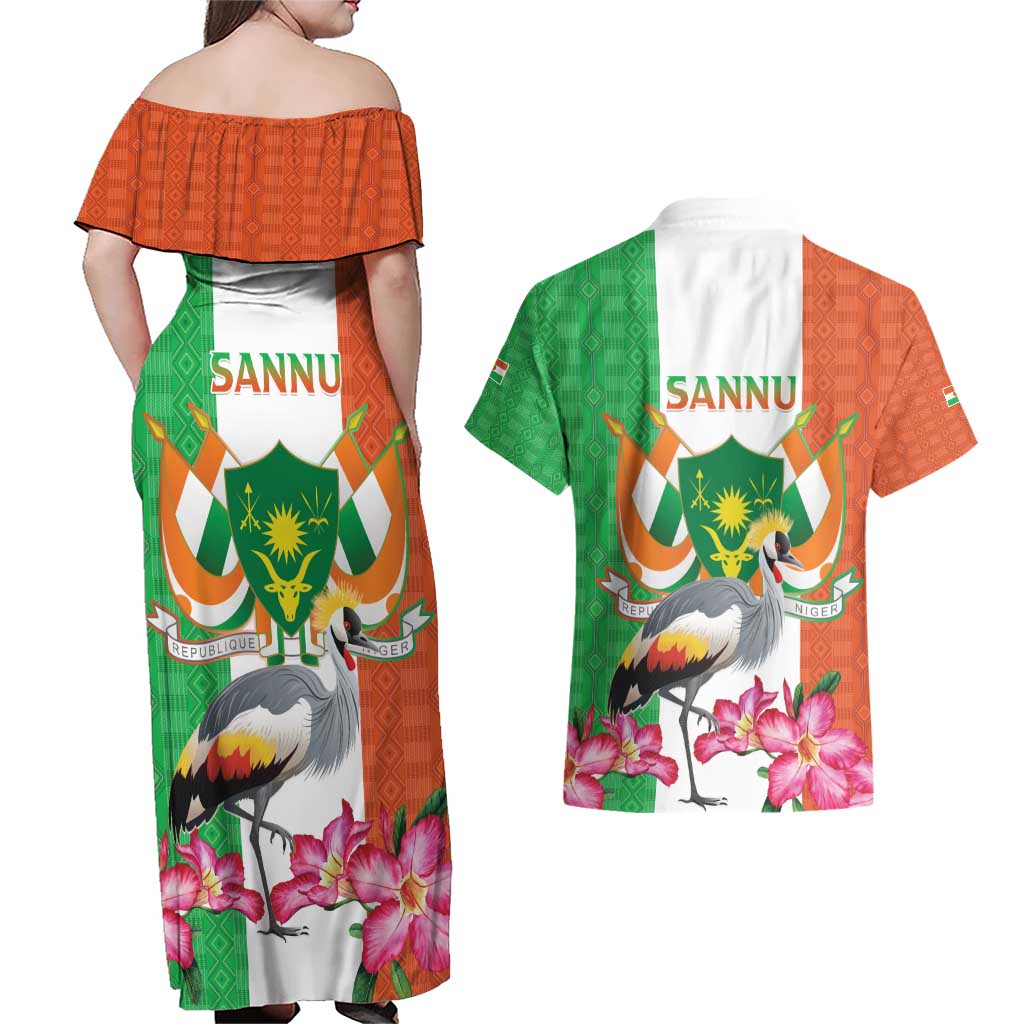 Niger Black-Crowned Crane Couples Matching Off Shoulder Maxi Dress and Hawaiian Shirt Coat Of Arms - Kente Pattern - Wonder Print Shop