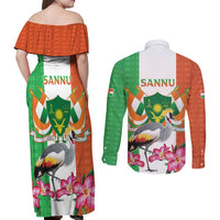 Niger Black-Crowned Crane Couples Matching Off Shoulder Maxi Dress and Long Sleeve Button Shirt Coat Of Arms - Kente Pattern - Wonder Print Shop