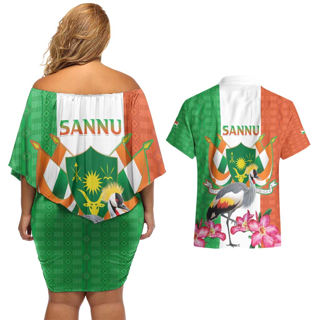 Niger Black-Crowned Crane Couples Matching Off Shoulder Short Dress and Hawaiian Shirt Coat Of Arms - Kente Pattern - Wonder Print Shop
