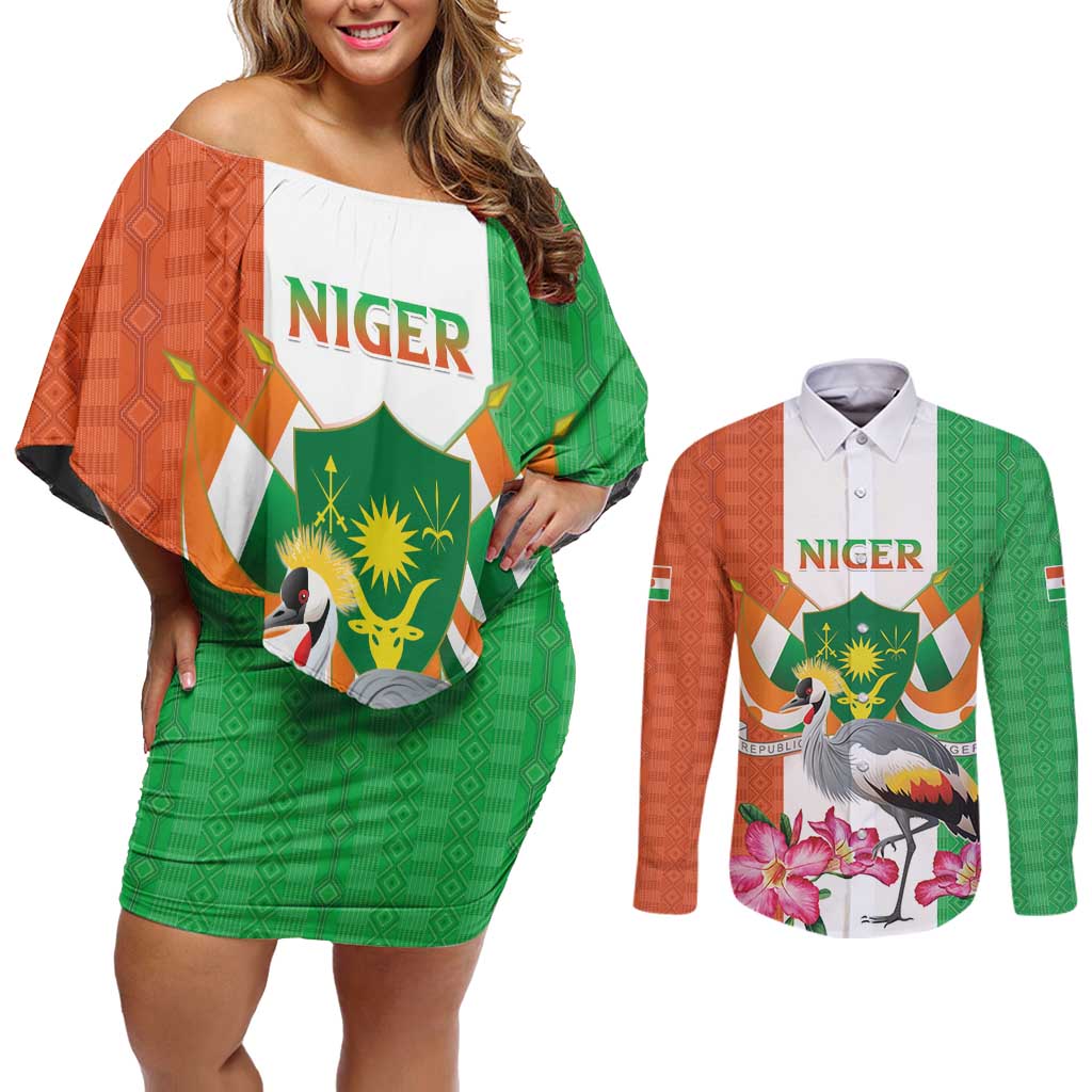 Niger Black-Crowned Crane Couples Matching Off Shoulder Short Dress and Long Sleeve Button Shirt Coat Of Arms - Kente Pattern - Wonder Print Shop