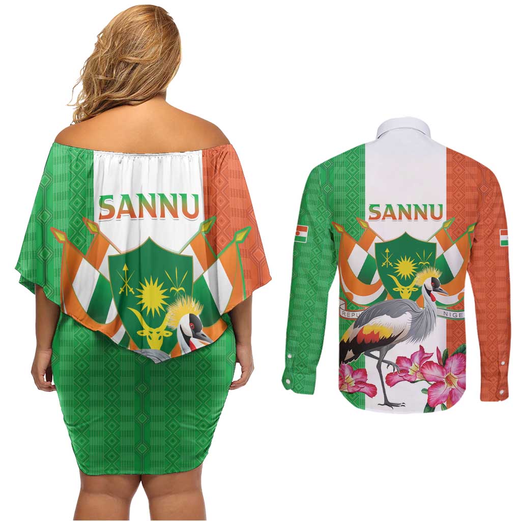 Niger Black-Crowned Crane Couples Matching Off Shoulder Short Dress and Long Sleeve Button Shirt Coat Of Arms - Kente Pattern - Wonder Print Shop