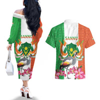 Niger Black-Crowned Crane Couples Matching Off The Shoulder Long Sleeve Dress and Hawaiian Shirt Coat Of Arms - Kente Pattern - Wonder Print Shop