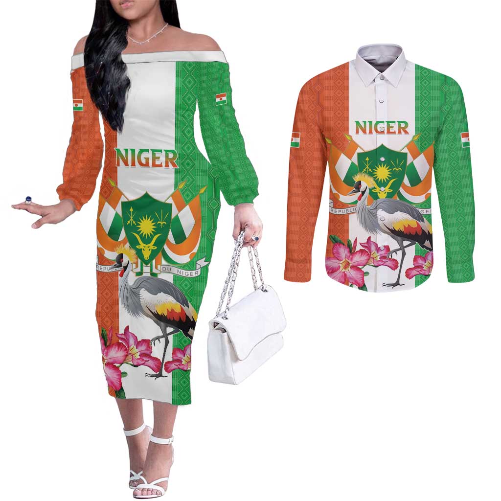 Niger Black-Crowned Crane Couples Matching Off The Shoulder Long Sleeve Dress and Long Sleeve Button Shirt Coat Of Arms - Kente Pattern