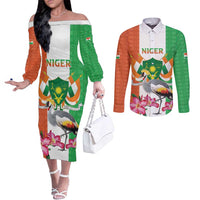 Niger Black-Crowned Crane Couples Matching Off The Shoulder Long Sleeve Dress and Long Sleeve Button Shirt Coat Of Arms - Kente Pattern