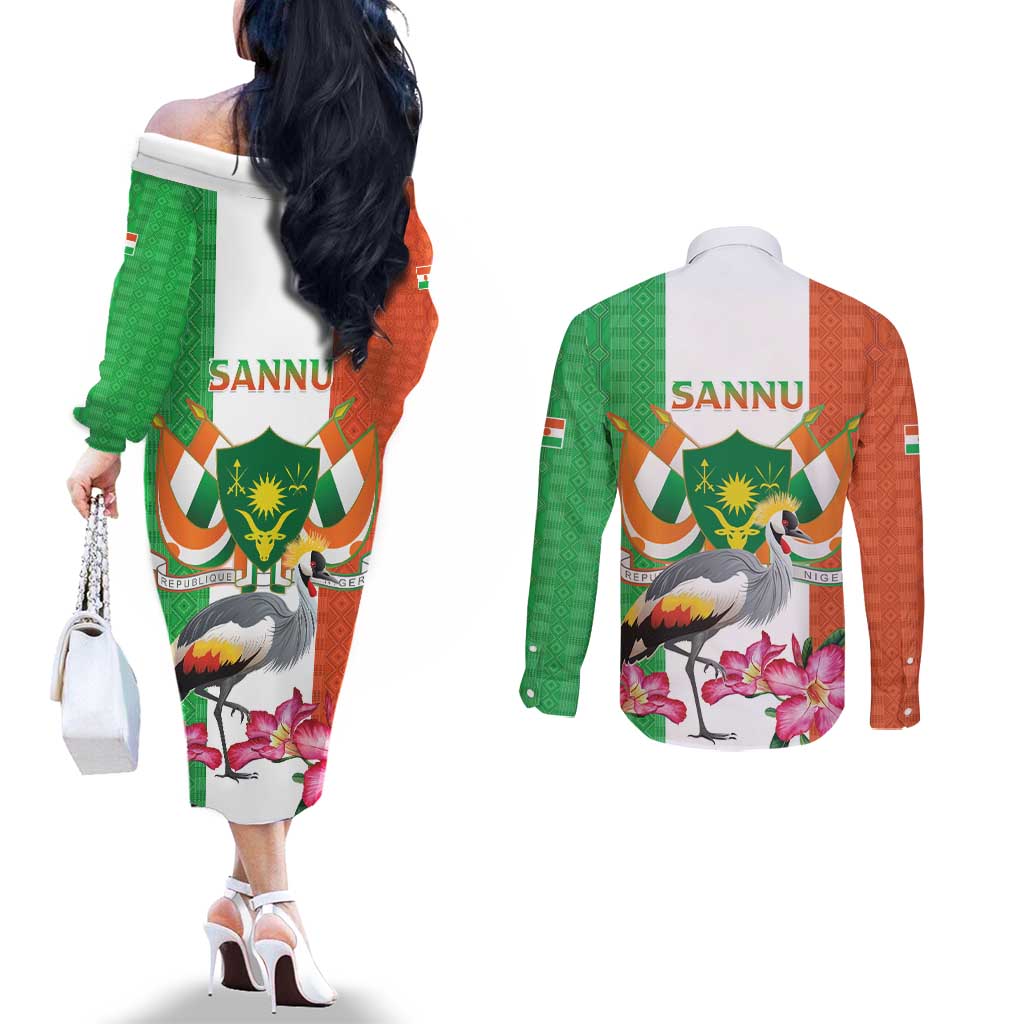 Niger Black-Crowned Crane Couples Matching Off The Shoulder Long Sleeve Dress and Long Sleeve Button Shirt Coat Of Arms - Kente Pattern