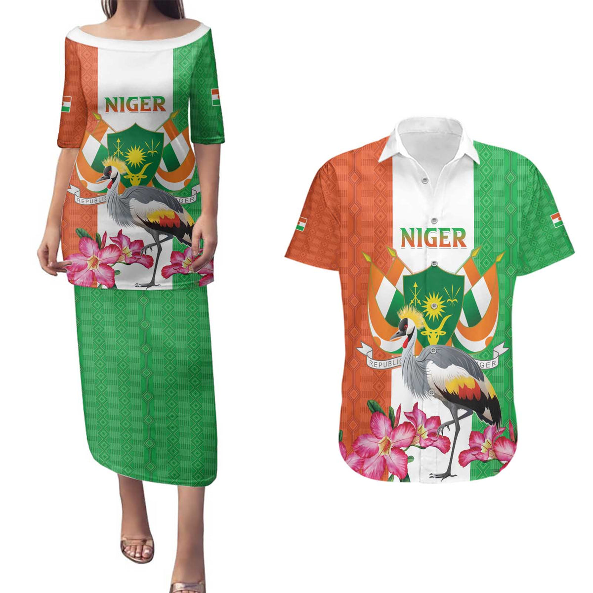 Niger Black-Crowned Crane Couples Matching Puletasi and Hawaiian Shirt Coat Of Arms - Kente Pattern - Wonder Print Shop