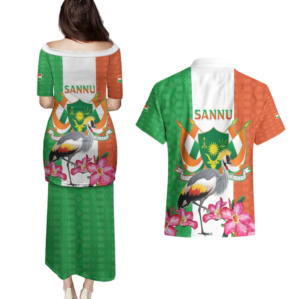 Niger Black-Crowned Crane Couples Matching Puletasi and Hawaiian Shirt Coat Of Arms - Kente Pattern - Wonder Print Shop