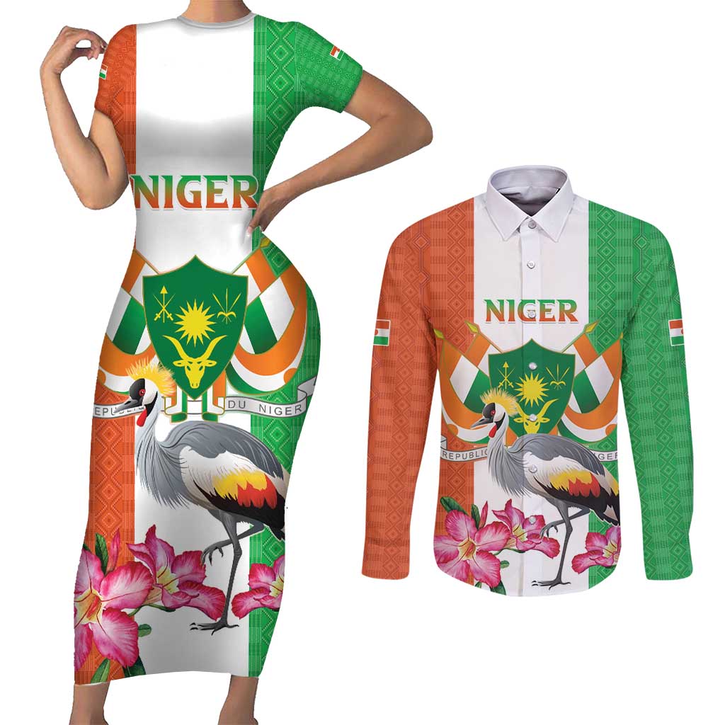 Niger Black-Crowned Crane Couples Matching Short Sleeve Bodycon Dress and Long Sleeve Button Shirt Coat Of Arms - Kente Pattern - Wonder Print Shop