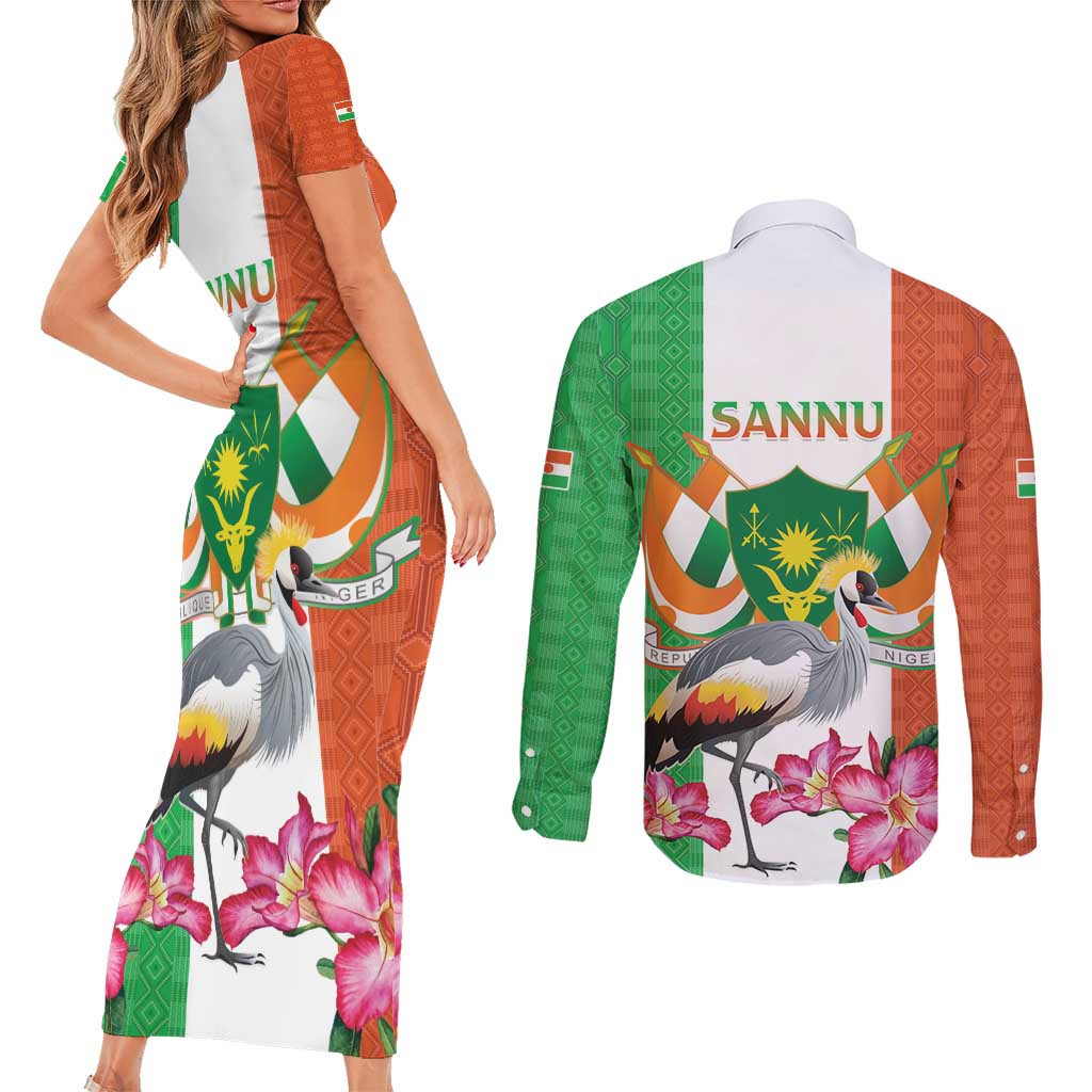 Niger Black-Crowned Crane Couples Matching Short Sleeve Bodycon Dress and Long Sleeve Button Shirt Coat Of Arms - Kente Pattern - Wonder Print Shop