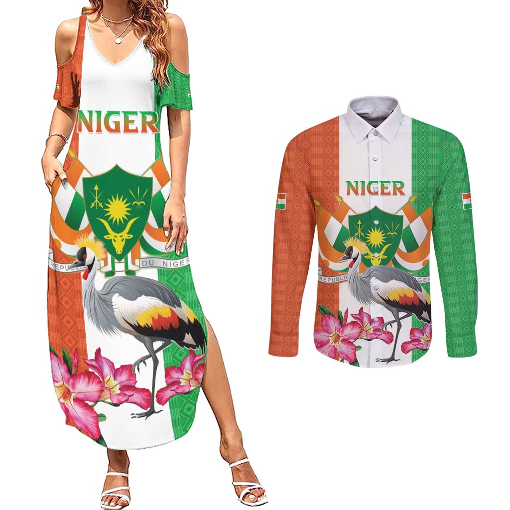 Niger Black-Crowned Crane Couples Matching Summer Maxi Dress and Long Sleeve Button Shirt Coat Of Arms - Kente Pattern - Wonder Print Shop