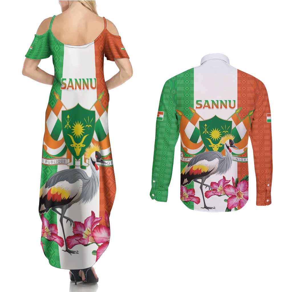 Niger Black-Crowned Crane Couples Matching Summer Maxi Dress and Long Sleeve Button Shirt Coat Of Arms - Kente Pattern - Wonder Print Shop
