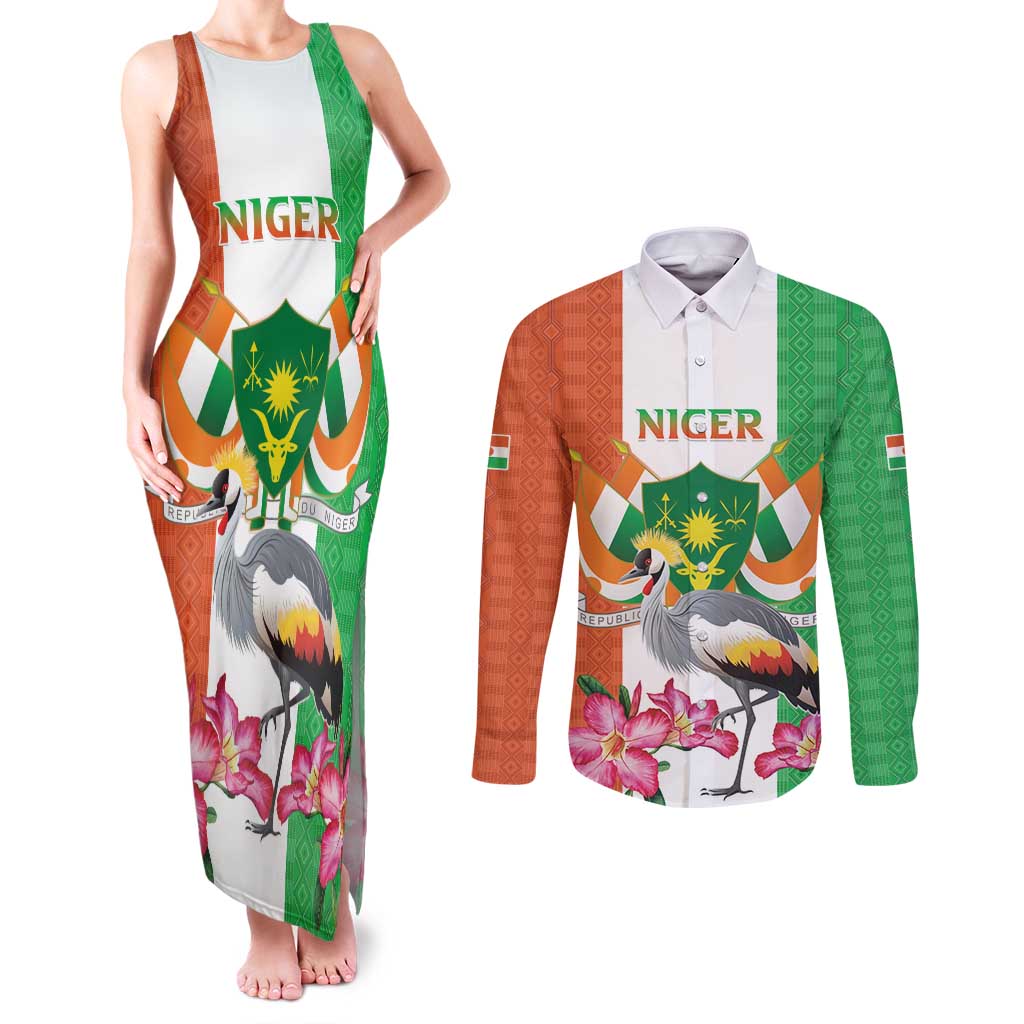 Niger Black-Crowned Crane Couples Matching Tank Maxi Dress and Long Sleeve Button Shirt Coat Of Arms - Kente Pattern - Wonder Print Shop