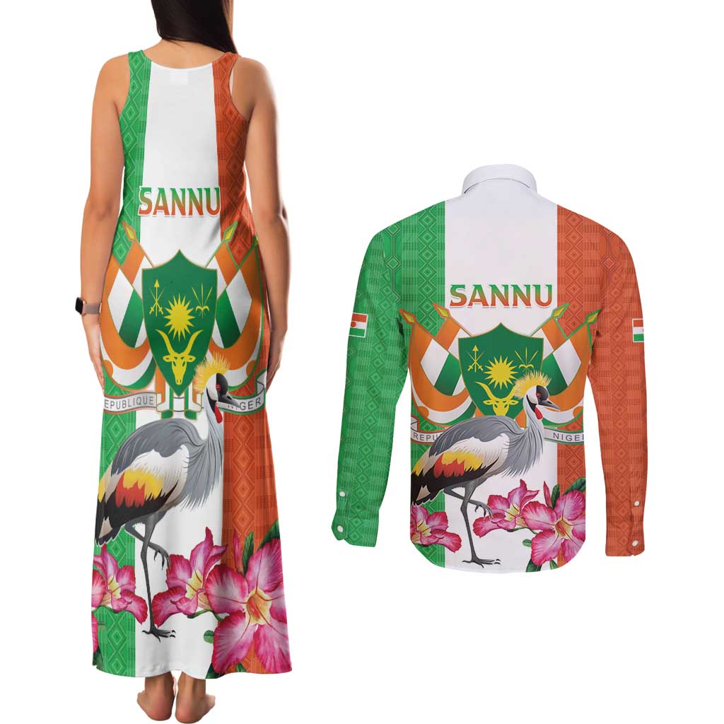 Niger Black-Crowned Crane Couples Matching Tank Maxi Dress and Long Sleeve Button Shirt Coat Of Arms - Kente Pattern - Wonder Print Shop