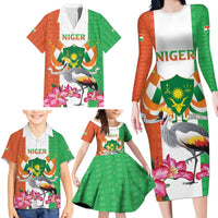 Niger Black-Crowned Crane Family Matching Long Sleeve Bodycon Dress and Hawaiian Shirt Coat Of Arms - Kente Pattern - Wonder Print Shop