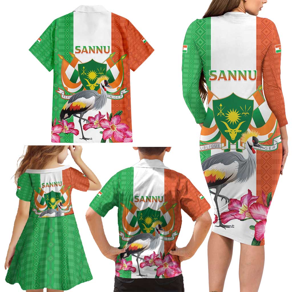 Niger Black-Crowned Crane Family Matching Long Sleeve Bodycon Dress and Hawaiian Shirt Coat Of Arms - Kente Pattern - Wonder Print Shop