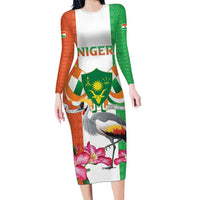 Niger Black-Crowned Crane Family Matching Long Sleeve Bodycon Dress and Hawaiian Shirt Coat Of Arms - Kente Pattern - Wonder Print Shop