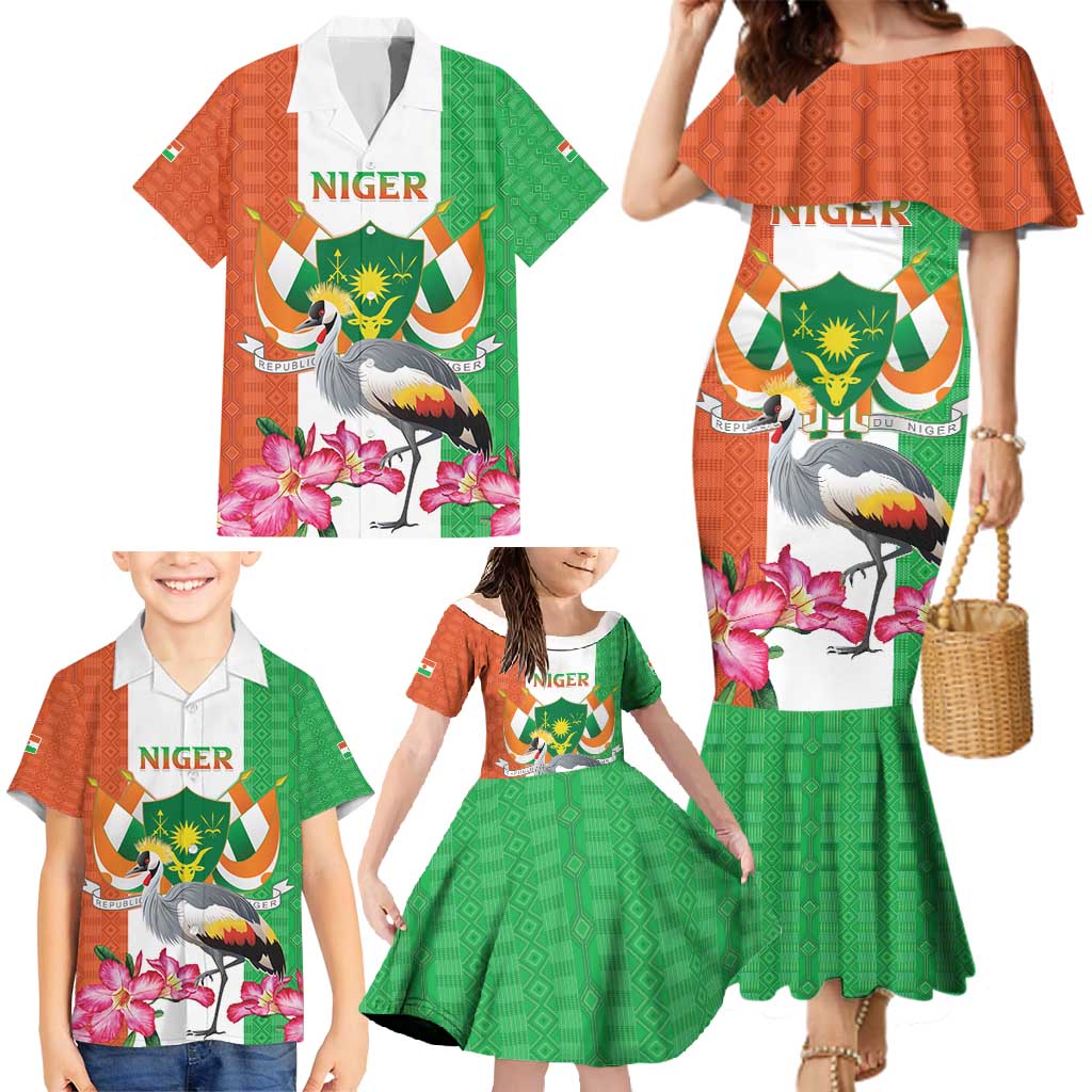 Niger Black-Crowned Crane Family Matching Mermaid Dress and Hawaiian Shirt Coat Of Arms - Kente Pattern - Wonder Print Shop